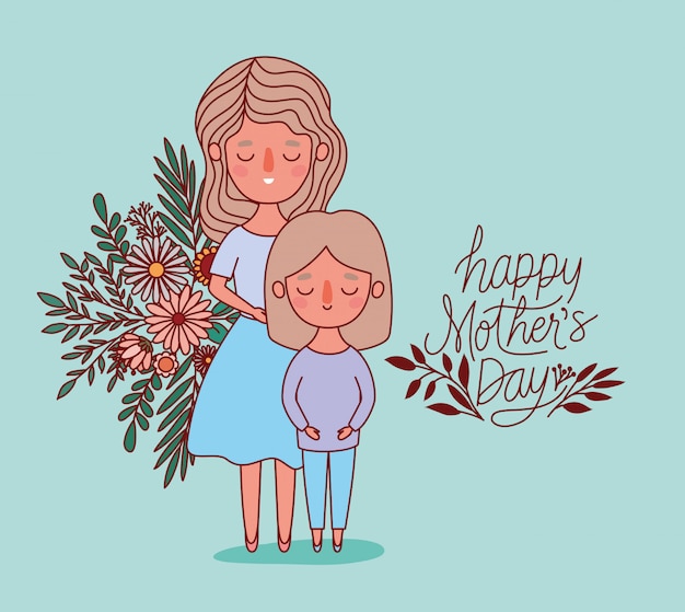 Plik wektorowy matki i córki kreskówka z kwiatami i liśćmi