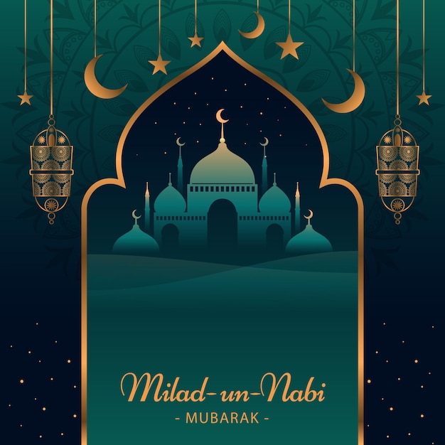 Plik wektorowy mawlid milad-un-nabi powitanie tło z meczetem i latarniami