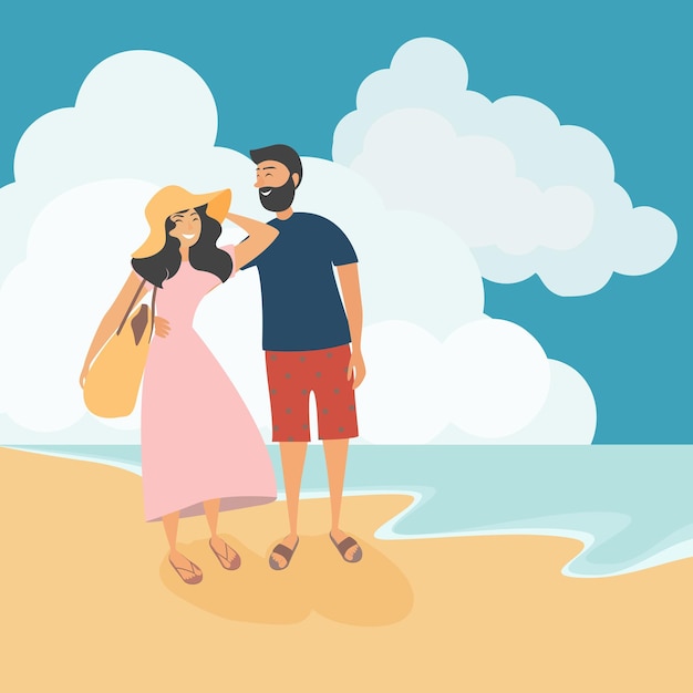 Plik wektorowy mąż i żona spacerują po plaży w słoneczny letni dzień