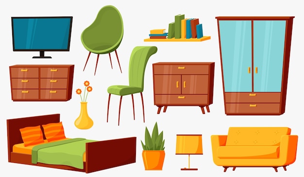 Meble do domu na białym tle modne meble wnętrze pokój wystrój biura Krzesło sofa i stół płaski dom akcesorium ostatnich wektor zestaw Ilustracja kanapa i fotel sofa dla mieszkania