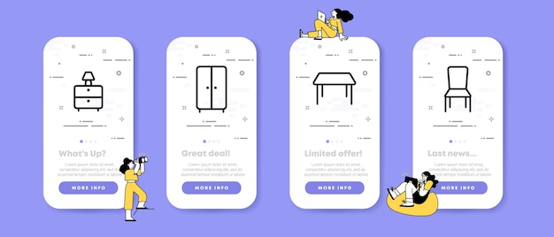 Meble Do Domu Zestaw Ikon Stojak Stolik Nocny Szafa Stół Krzesło Drewniana Wygodna Lampa Komfortowa Koncepcja Ui Aplikacja Na Telefon Ekrany Z Ludźmi Ikona Linii Wektorowej Dla Biznesu I Reklamy