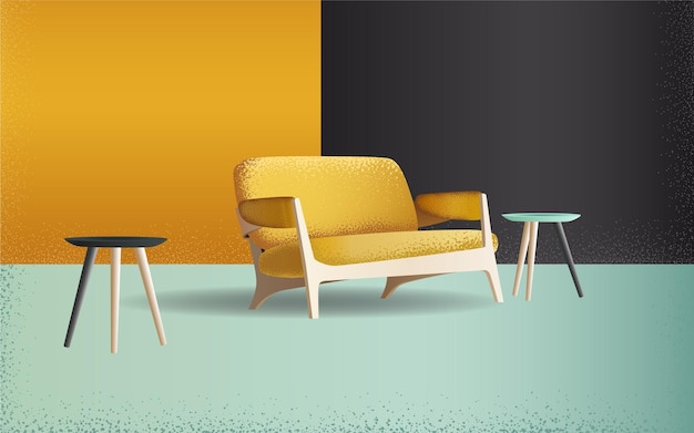 Meble Żółta sofa i krzesło Nowoczesny wystrój wnętrz Ilustracja wektorowa efekt ziarna