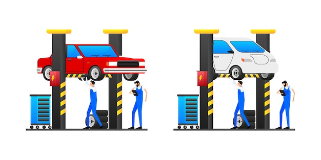 Plik wektorowy mechanicy pracujący w warsztacie samochodowym, gdzie samochody podnoszone są na rampach hydraulicznych w celu konserwacji