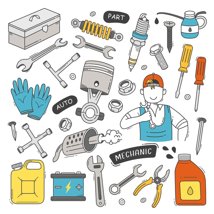Wektor mechanika narzędzi i urządzeń doodle ręcznie rysowane ilustracji wektorowych