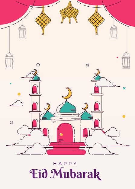 Meczet Line Art Plakat I Tło Karty Z Pozdrowieniami Eid Mubarak Islamskie Ilustracje