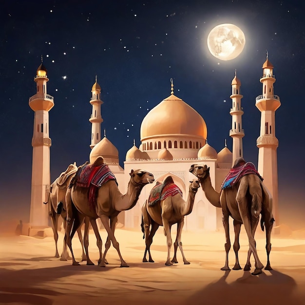 Meczet Sahara Arabia Stado wielbłądów Eid Mubarak