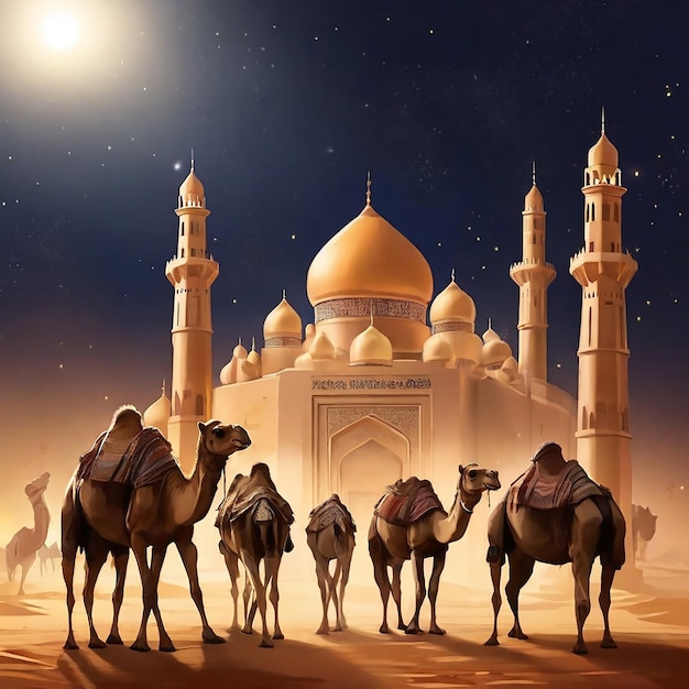Meczet Sahara Arabia Stado wielbłądów Eid Mubarak
