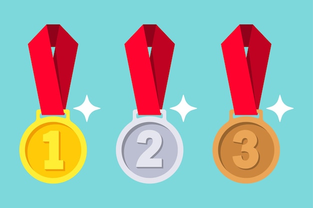 Medal złoty, srebrny, brązowy z czerwoną wstążką. I, II i III miejsce. Pierwsze, drugie, trzecie miejsce. Trofeum zdobywcy nagrody. Złota odznaka za osiągnięcia. Płaska konstrukcja wektor. Na białym tle.