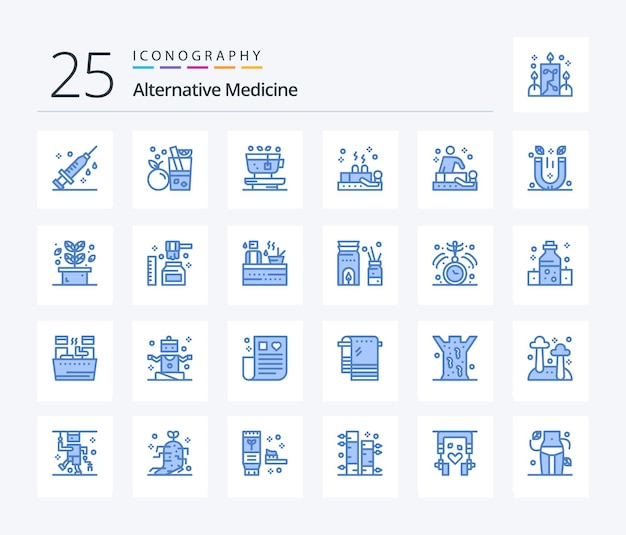 Medycyna Alternatywna 25 Pakiet Ikon W Kolorze Niebieskim, W Tym Bańki Relaksacyjne Z Liśćmi Odnowy Biologicznej