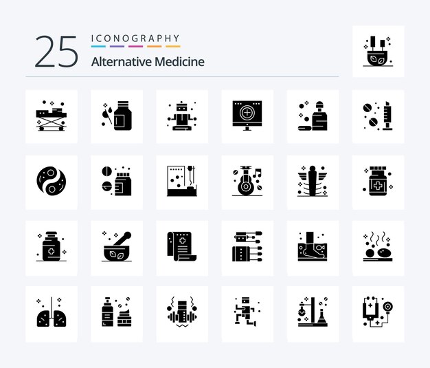 Medycyna Alternatywna Pakiet Ikon 25 Stałych Glifów, W Tym Zdrowie Komputera Medycznego Szpitala Regeneracyjnego