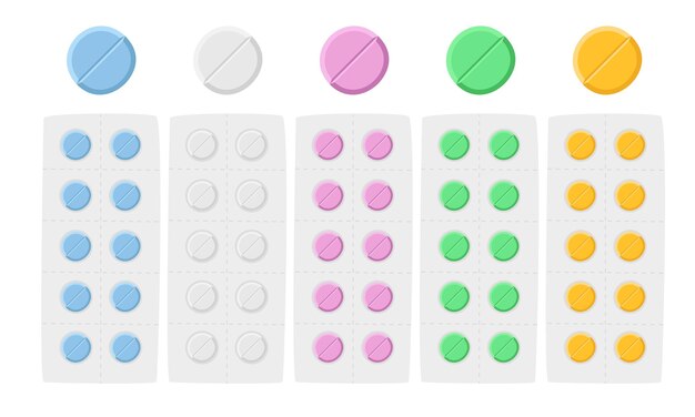 Medycyna Tabletka Clipartów Kreskówka Styl Multicolor Medyczne Pigułki Tabletki Płaskie Wektor Ilustracja