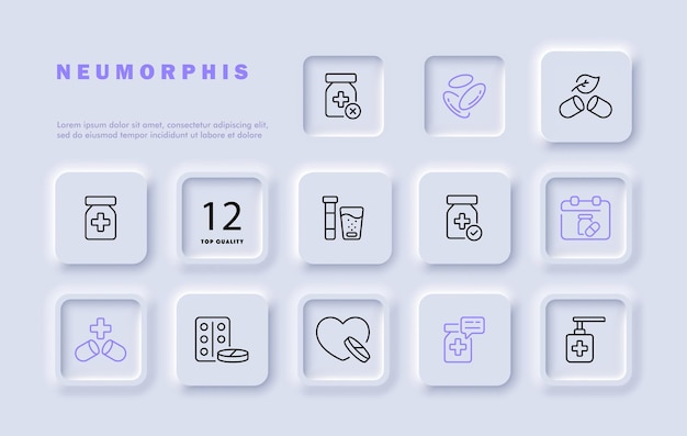 Medycyna zestaw linia ikona tabletki moździerz szpilka osłona leczenie naturalne składniki Neomorphism styl Wektor linia ikony dla biznesu i reklamy