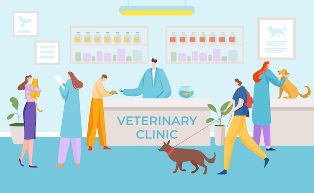 Plik wektorowy medyczna klinika weterynaryjna poczekalnia pacjenta opieka zdrowotna zwierząt domowych płaska ilustracja