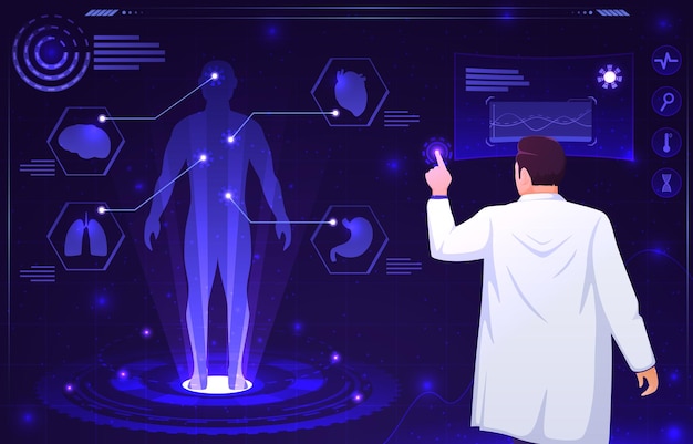 Medyczna Scena Holograficzna Lekarz Jest Diagnozowany Przez Technologię Medyczną Ze Skanowaniem Ciała Pacjenta Koncepcja Rozszerzonej Rzeczywistości Vector