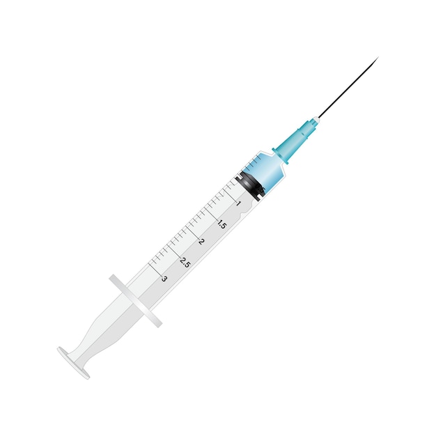 Medyczna strzykawka ze szczepionką. Koncepcja szczepień przeciwko koronawirusowi Covid-19. Prosta konstrukcja