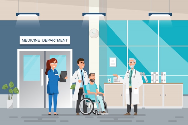 Plik wektorowy medyczny pojęcie z lekarką i pacjentami w płaskiej kreskówce przy szpitalną sala