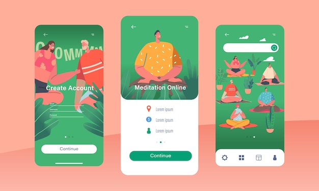 Medytacja Online Strona Aplikacji Mobilnej Szablon Ekranu Na Pokładzie Męskie Lub żeńskie Postacie Aktywność Jogi Na świeżym Powietrzu