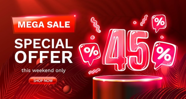 Mega Wyprzedaż Oferta Specjalna Neon 45 Wyprzedaż Baner Promocja Tabliczki Reklamowej Vector