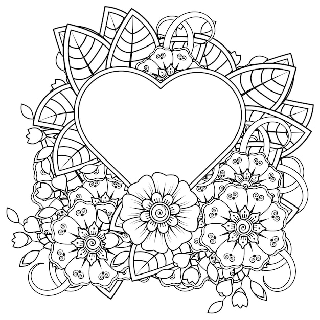 Mehndi Kwiat Z Ramą W Kształcie Serca W Etnicznym Stylu Orientalnym Doodle Ornament Kolorowanki Książki Coloring