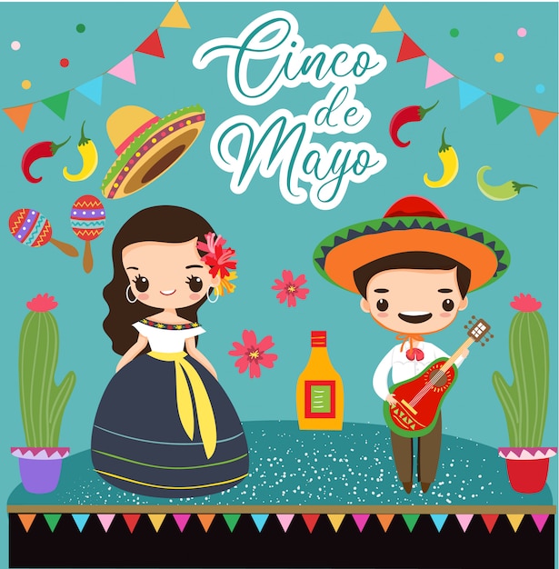 Meksykańska Dziewczyna I Chłopiec Z Elementami Dla Cinco De Mayo