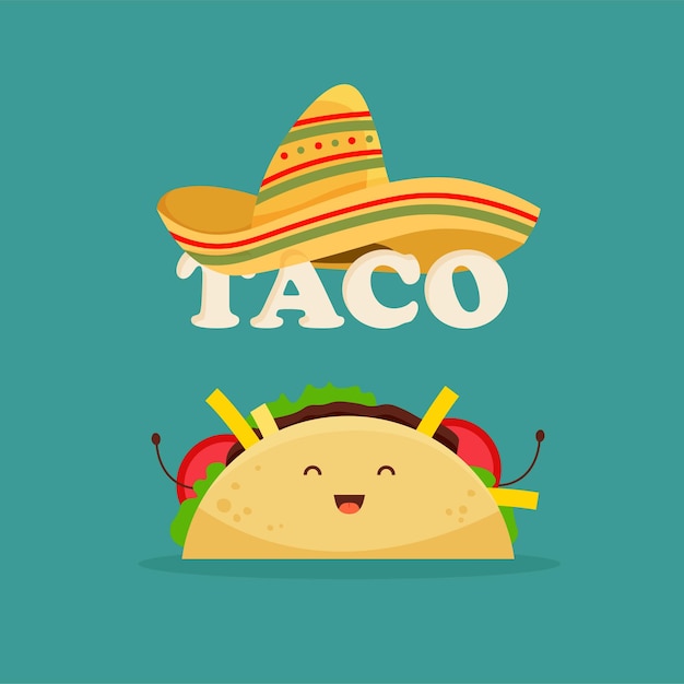 Meksykańska Taco Urocza Postać Z Sombrero. Jedzenie Z Ameryki łacińskiej. Tacos Z Mięsem I Warzywami.