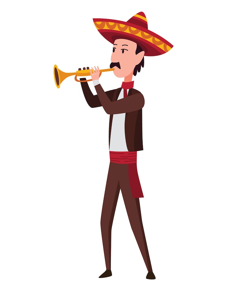 Wektor meksykański charakter. muzyk zespołu muzycznego mariachi w tradycyjnych ciemnych strojach i sombrero gra na typowej tubie instrumentu muzycznego