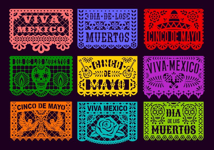 Wektor meksykański papier papel picado wycięty świąteczne flagi zestaw
