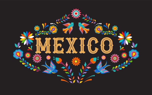 Meksykański Sztandar Z Kolorowymi Meksykańskimi Kwiatami, Ptakami I Elementami