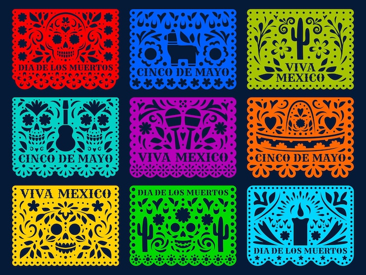 Wektor meksykańskie flagi świąteczne wycięte z papieru, papel picado