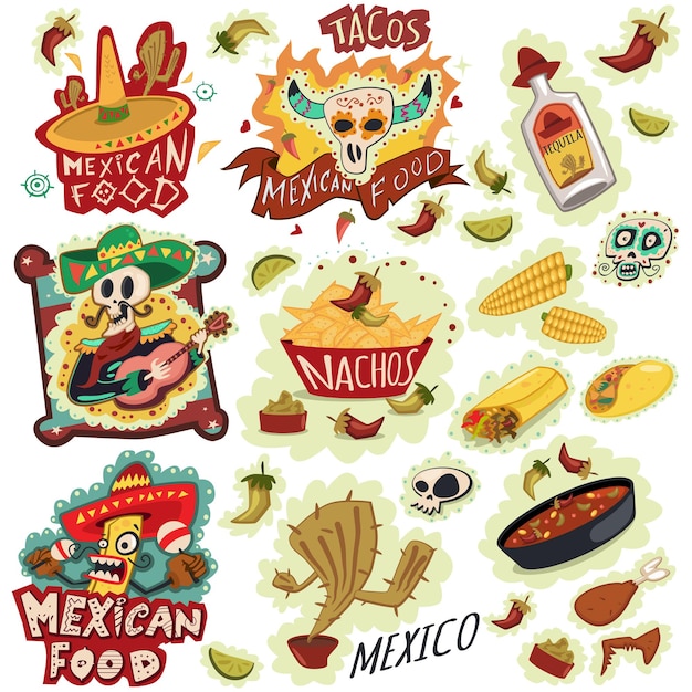 Meksykańskie Jedzenie Ikony Wektor Zestaw. Nachosy, Sombrero W Butelce Tequili, Burrito, Chili, Kukurydza, Kaktus, Czaszka, Sombrero I Inne. Ręcznie Rysować Ilustracja Kreskówka.