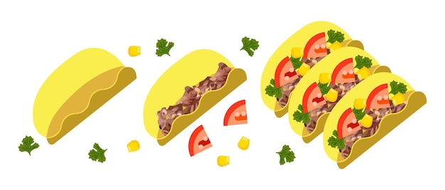 Meksykańskie Jedzenie Uliczne Tacos Ilustracja Wektorowa żywności W Stylu Płaskiej Kreskówki