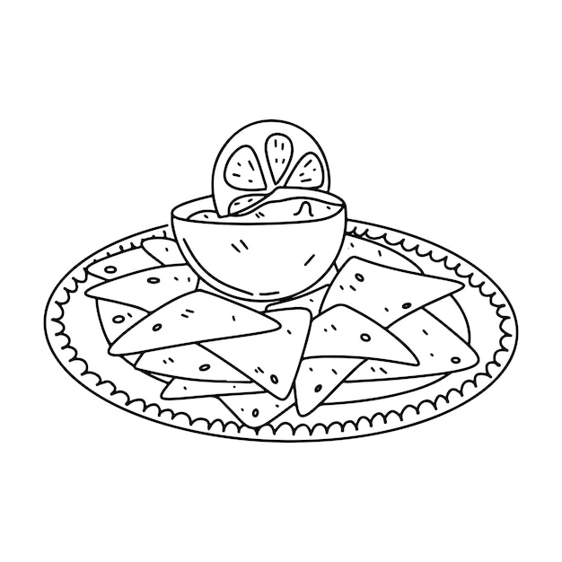 Plik wektorowy meksykańskie nachos z dipem salsy w ręcznie rysowanym stylu doodle. ilustracja wektorowa do menu restauracji