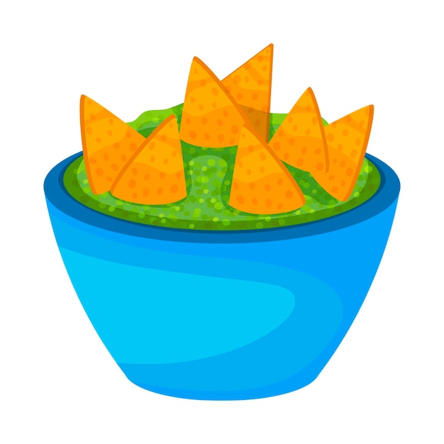 Plik wektorowy meksykańskie nachosy kukurydziane z zielonym sosem w niebieskim talerzu. ilustracja kreskówka wektor na białym tle