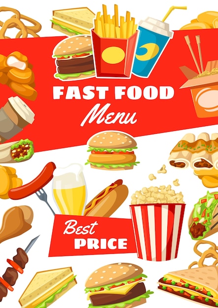 Menu fast food z ulicznymi posiłkami i napojami