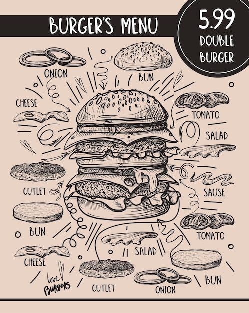 Menu hamburgerów z kompozycją produktów w stylu graficznym