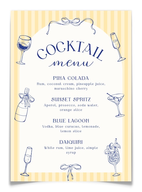 Menu koktajlowe z włoskim ręcznie narysowanym elementem