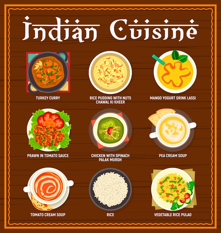 Wektor menu kuchni indyjskiej. curry z indyka, pudding ryżowy chawal ki kheer i jogurt z mango lassi