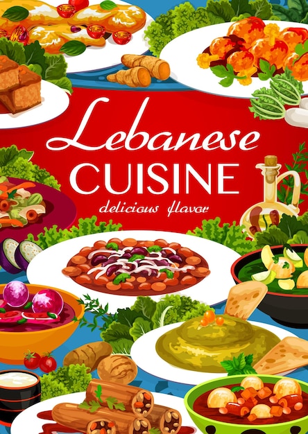 Plik wektorowy menu kuchni libańskiej okładka z wektorem arabskim jedzeniem z zup warzywnych, hummus, gulasz fasoli i ciasta. klopsiki z jagnięcej kofty, sałatka z serem halloumi i fattoush, faszerowana cukinia i knedle kubbeh