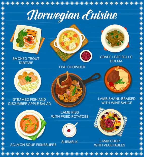 Plik wektorowy menu kuchni norweskiej z potrawami rybnymi i mięsnymi