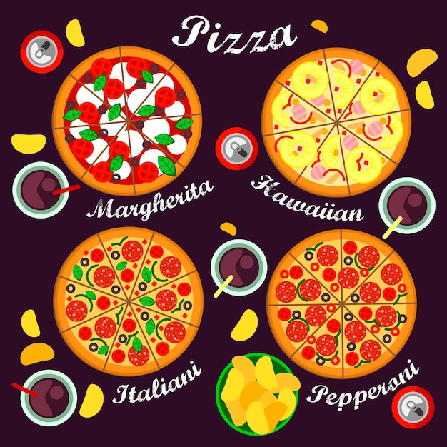 Plik wektorowy menu pizzy, w tym odmiany pizzy włoska, hawajska, margarita i pepperoni