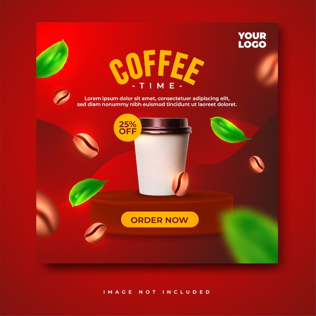 Menu Promocji Czasu Kawy. Szablon Banera Na Instagram W Mediach Społecznościowych Z Dekoracją Ziaren Kawy I Liści