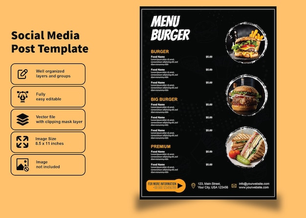 Plik wektorowy menu restauracji i ulotka z czarnym tłem dla szablonu postów w mediach społecznościowych