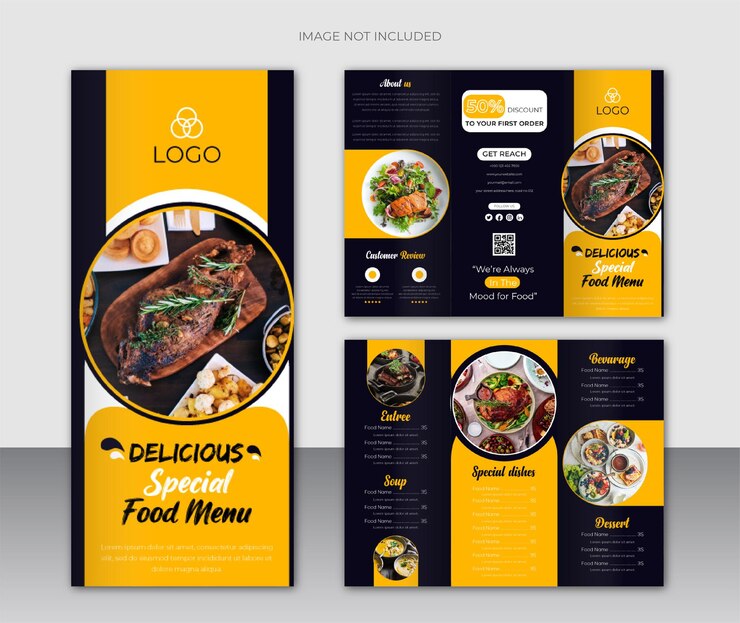 Wektor menu z jedzeniem w restauracji i szablon projektu broszury trójdzielnej w kolorze czarnym i żółtym