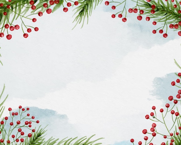 Merry Christmas greatig akwarela karty z zielonymi gałązkami sosny i czerwonymi jagodami. Ilustracja wektorowa natury szablon karty z pozdrowieniami z miejsca na kopię na ferie zimowe. Boże Narodzenie, wyprzedaż noworoczna