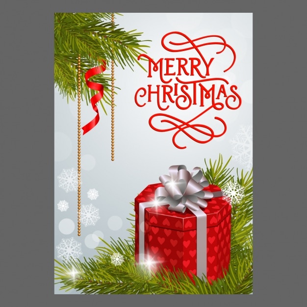 Merry Christmas tła z czerwonym dar i sosnowych gałęzi