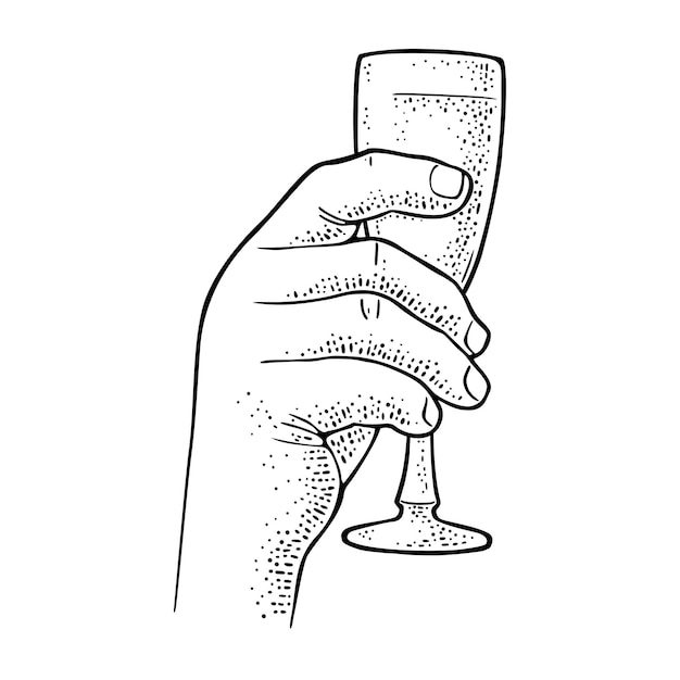 Plik wektorowy męska dłoń trzymająca i brzęcząca kieliszek do szampana. vintage grawerowanie