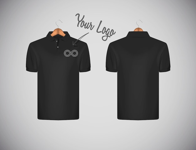 Plik wektorowy męska dopasowana koszulka polo z krótkim rękawem i logo do reklamy czarna koszulka polo w drewnianym wieszaku makieta szablonu do brandingu