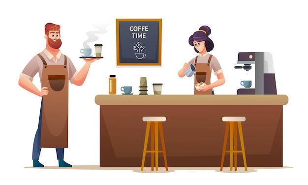 Męski barista niosący kawę i żeński barista robiący kawę w kawiarni ilustracja