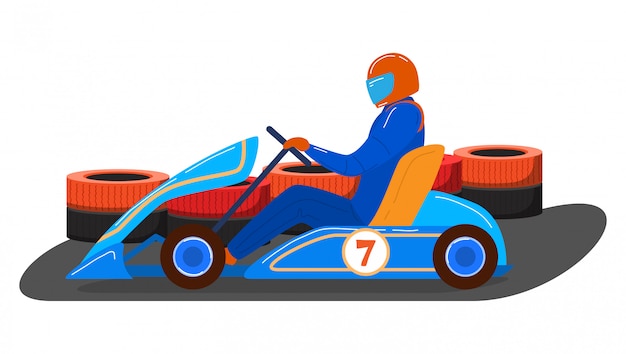 Męskiego Charakteru Kierowca Karting Przewiezionego Pojazd, Turniejowa Bieżna Maszyna Odizolowywająca Na Bielu, Kreskówki Ilustracja.