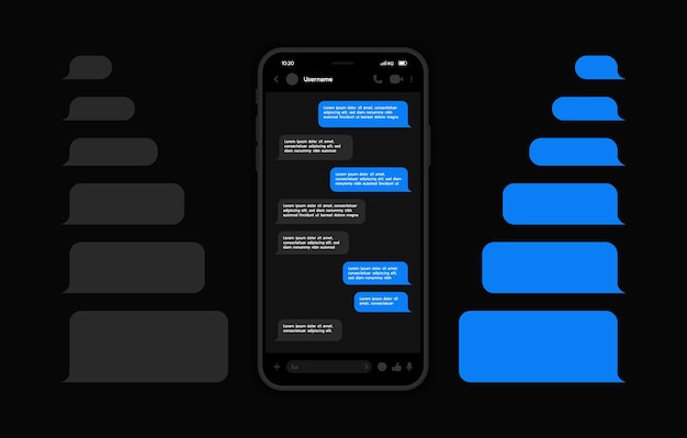 Messenger Ui I Ux Concept Z Ciemnym Interfejsem Inteligentny Telefon Z Ekranem Czatu Komunikatora Bąbelki Szablonu Sms Do Komponowania Dialogów Ilustracja Wektora